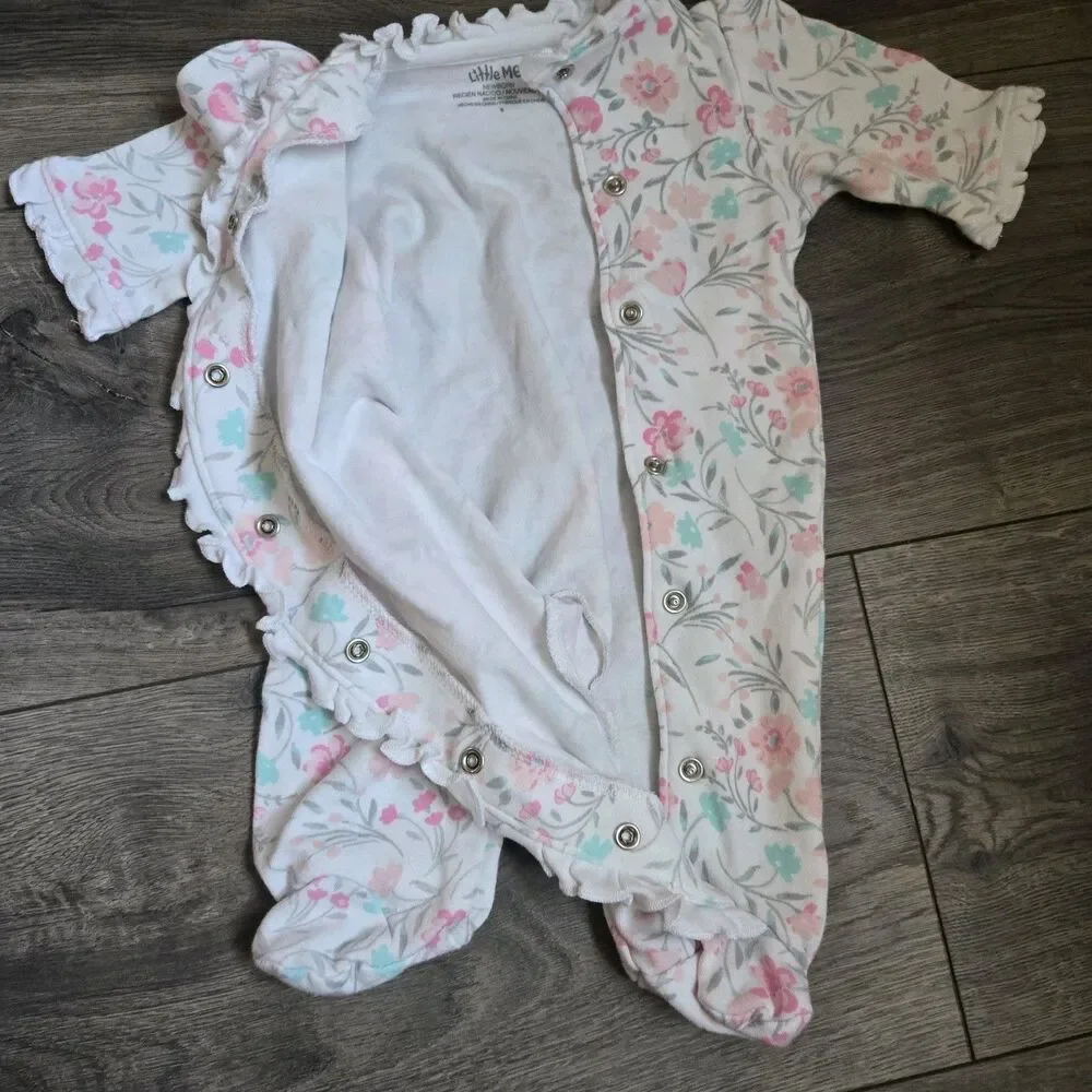 Little Me Newborn Girl NB 3Pc Lot Pima Cotton Floral Footie Sleeper Romper Set